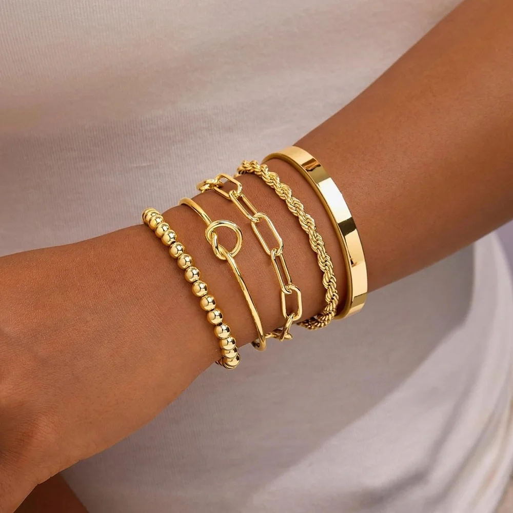 Gold Bracelets Set for Women Non Tarnish, 14K Gold Plated Sterling Silver Chunky